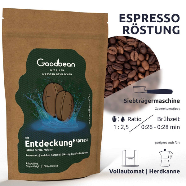Die Entdeckung | Espresso - Goodbean
Speciality coffee - Espresso Bohnen - Milder Espresso - Malabar Monsooned