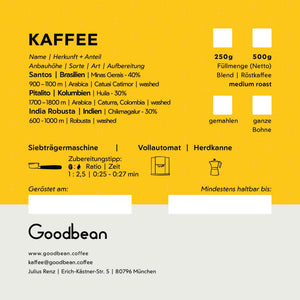 Kaffee Zahntechnik Heisler, Etikett hinten mit Herkunft und Zubereitung