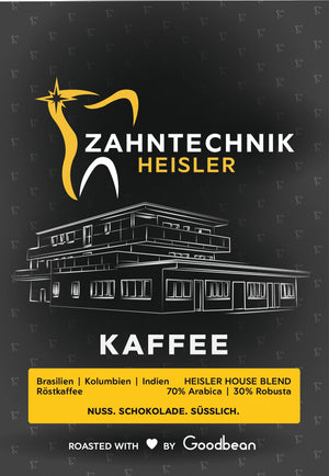 Kaffee Zahntechnik Heisler, Heisler House Blend von Goodbean, Etikett vorne